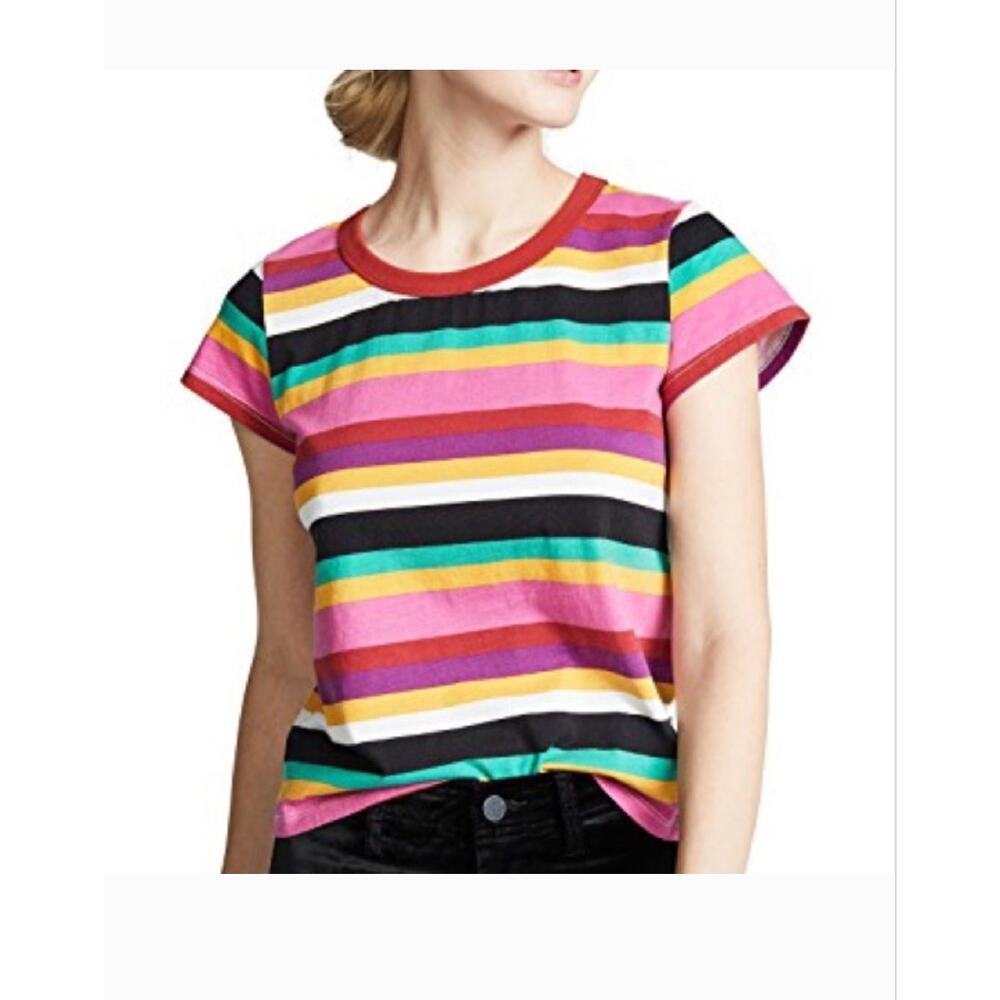 PAM + GELA Rainbow Stripe Cotton Crewneck Ringer Short Sleeve Tee Size Small